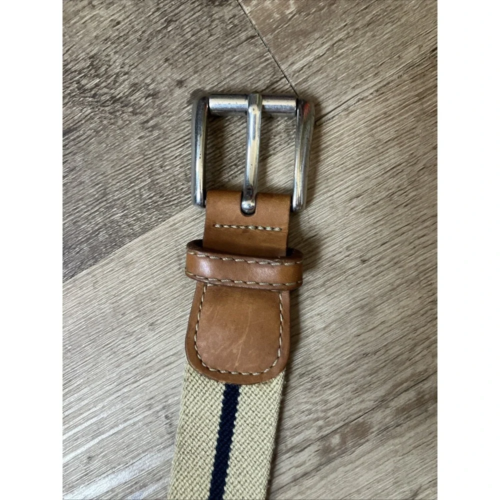 LL Bean Stretch Leather Belt Khaki Navy Stripe Woven Mens 38-40 Silver Buckle